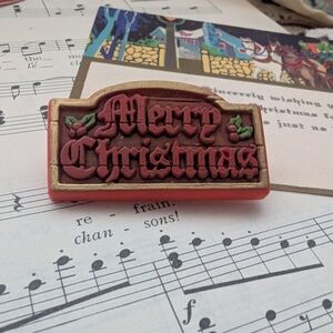 Festive Merry Christmas Sign  Brooch - Red and Gold